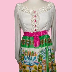 1960s Vintage Dolly Maxi Dress with Lace Ruffles, Pink Velvet Bow